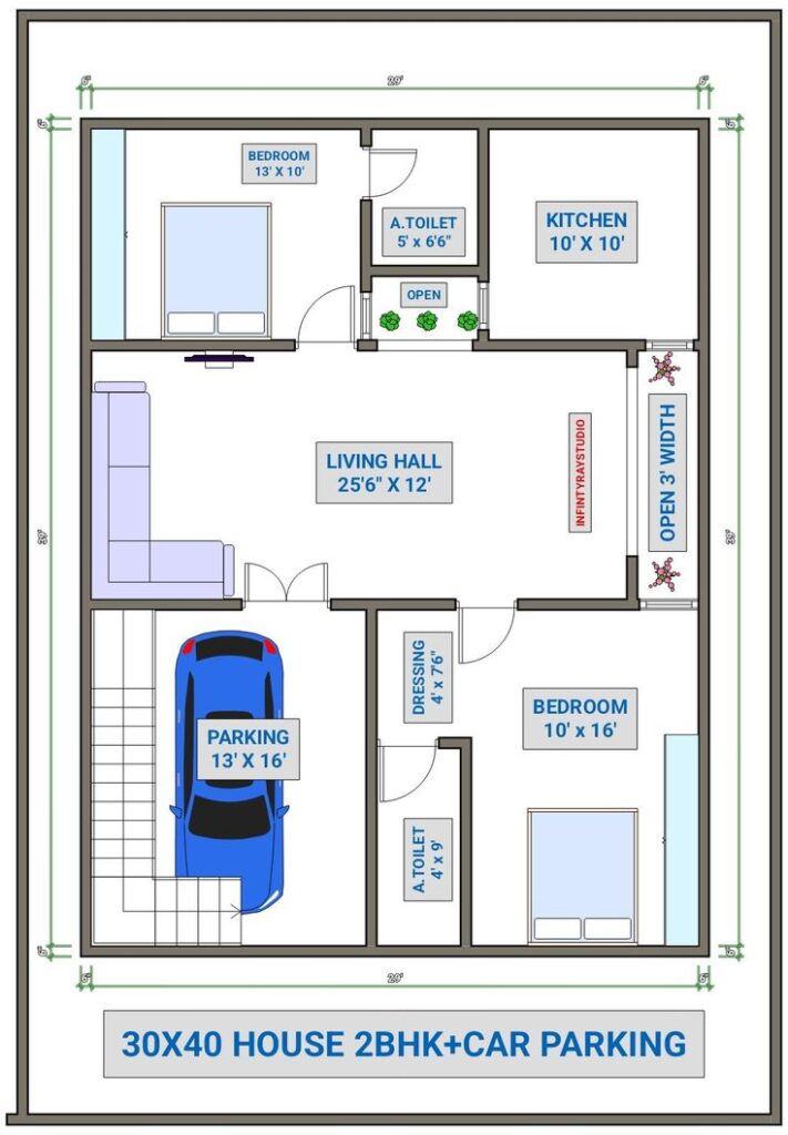 30×40 House Plan with Space for Parking Cars and Installing Lifts